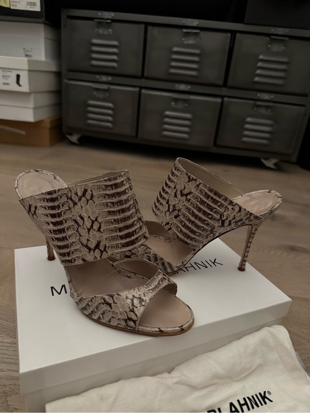 Manolo Blahnik Taupe Snake-Embossed Leather Stiletto Mules